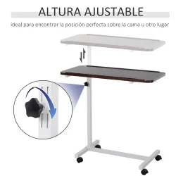 Mesa Auxiliar con Ruedas para Sofá y Cama Altura Ajustable y Marco de Acero 77x40x76-100 cm Nogal Oscuro - Ogal.Es