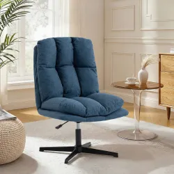 Butaca de Salón Giratorio 360° Altura Ajustable Asiento Ancho Tapizado en Lino Base de Metal Azul Oscuro - Ogal.Es