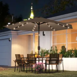Sombrilla de Jardín Ø265 cm con 32 Luces LED Solares Manivela y Poste de Acero para Patio Terraza Caqui - Ogal.Es
