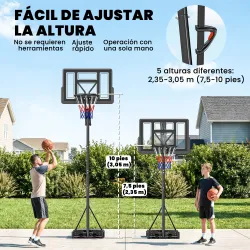 Canasta de Baloncesto Exterior con Ruedas Altura Ajustable 235-305 cm Base Rellenable y Bolsa de Peso Negro - Ogal.Es