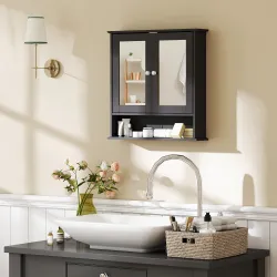 Armario de Baño con Espejo Armario de Pared con 2 Puertas Estante Abierto Estante Ajustable 56x13x58cm Negro - Ogal.Es