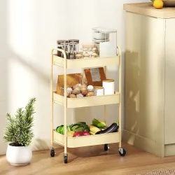 Carrito Auxiliar con Ruedas de 3 Niveles Carrito de Cocina con 3 Cestas y 2 Asas 45x30,6x79 cm Amarillo - Ogal.Es