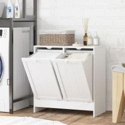 Mueble Ropa Sucia con 2 Cestos para Ropa Sucia Ideal para Lavandería 66x33x68 cm Blanco - Ogal.Es