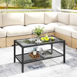 Mesa de Jardín de Ratán Mesita Auxiliar con Estante Tablero de Vidrio Templado Estructura de Acero 92x50x45 cm N... - Ogal.Es