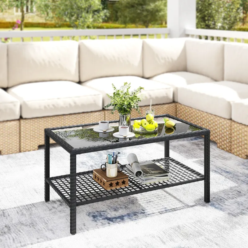 Mesa de Jardín de Ratán Mesita Auxiliar con Estante Tablero de Vidrio Templado Estructura de Acero 92x50x45 cm N... - Ogal.Es