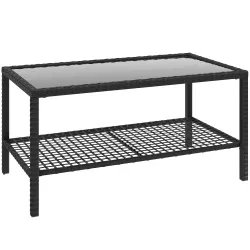 Mesa de Jardín de Ratán Mesita Auxiliar con Estante Tablero de Vidrio Templado Estructura de Acero 92x50x45 cm N... - Ogal.Es