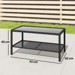 Mesa de Jardín de Ratán Mesita Auxiliar con Estante Tablero de Vidrio Templado Estructura de Acero 92x50x45 cm N... - Ogal.Es