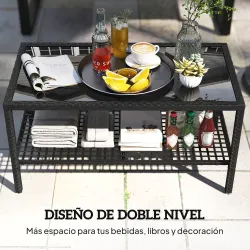 Mesa de Jardín de Ratán Mesita Auxiliar con Estante Tablero de Vidrio Templado Estructura de Acero 92x50x45 cm N... - Ogal.Es