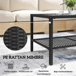 Mesa de Jardín de Ratán Mesita Auxiliar con Estante Tablero de Vidrio Templado Estructura de Acero 92x50x45 cm N... - Ogal.Es