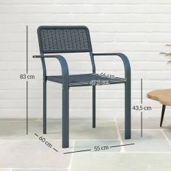 Juego de 4 Sillas de Jardín Exterior Apilables con Reposabrazos Respaldo y Marco de Acero 55x60x83 cm Gris Oscuro - Ogal.Es