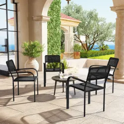 Juego de 4 Sillas de Jardín Exterior Apilables con Reposabrazos Respaldo y Marco de Acero 55x60x83 cm Negro - Ogal.Es