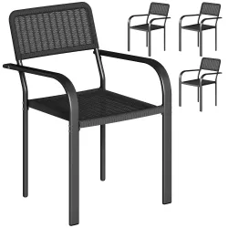 Juego de 4 Sillas de Jardín Exterior Apilables con Reposabrazos Respaldo y Marco de Acero 55x60x83 cm Negro - Ogal.Es