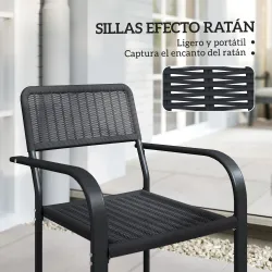 Juego de 4 Sillas de Jardín Exterior Apilables con Reposabrazos Respaldo y Marco de Acero 55x60x83 cm Negro - Ogal.Es