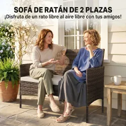 Sofá Exterior de Ratán de 2 Plazas Sofá Exterior de Jardín con Cojín Lavable Estructura de Acero para Balcón Caqui - Ogal.Es