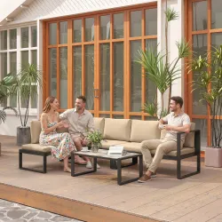 Conjunto de Jardín Exterior de 4 Piezas con 2 Sofás de 2 Plazas 1 Sillón sin Brazos y Mesa de Centro con Cojines... - Ogal.Es
