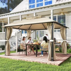 Carpa para Jardín con Techo Doble Cenador con Mosquiteras y Cortinas para Exterior Terraza 370x303x290 cm Beige - Ogal.Es