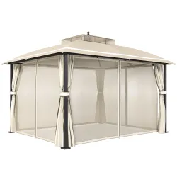 Carpa para Jardín con Techo Doble Cenador con Mosquiteras y Cortinas para Exterior Terraza 370x303x290 cm Beige - Ogal.Es