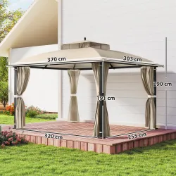 Carpa para Jardín con Techo Doble Cenador con Mosquiteras y Cortinas para Exterior Terraza 370x303x290 cm Beige - Ogal.Es