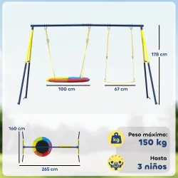 Columpio para Bebés Cuerdas Ajustables Soporte de Acero Carga 150 kg para 3 Niños de 3-8 Años Multicolor - Ogal.Es