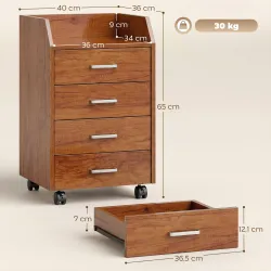 Cajonera de Escritorio con Ruedas Cajonera de Oficina con 4 Cajones Archivador Móvil para Estudio 40x36x65 cm Ma... - Ogal.Es