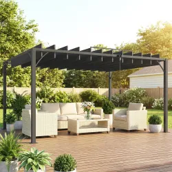 Pérgola de Jardín 3x4 m con Protección UPF 50+ Gazebo con Techo Ajustable Estructura de Aluminio para Exterior Gris - Ogal.Es