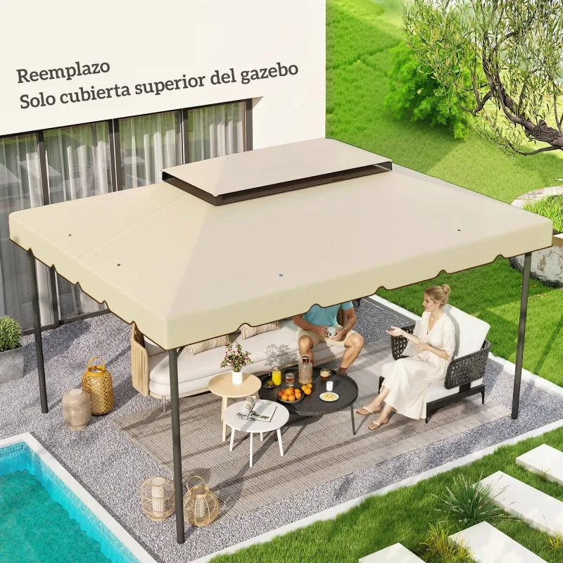 Toldo de Recambio para Cenador 4x3 m con Techo Doble Orificios de Drenaje Solo Toldo NO Incluye Marco Beige - Ogal.Es