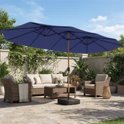 Sombrilla Doble de Jardín 4,7x2,8 m con Base Incluida Manivela Sacos de Arena Protección UV Impermeable Azul Oscuro - Ogal.Es