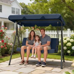 Balancín de Jardín Exterior Columpio de 3 Plazas con Toldo Ajustable y Marco de Acero 172x118x153 cm Azul Marino - Ogal.Es