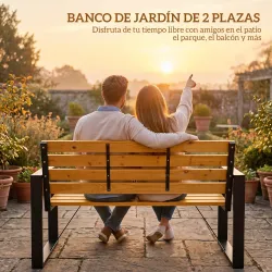 Banco de Jardín Exterior de 2 Plazas con Respaldo y Asiento Listonado de Madera Marco de Acero 136x54x82 cm Natural - Ogal.Es