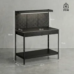 Banco de Trabajo Carga 272 kg 110x60x150 cm con Tableros Perforados Metálicos Toma de Corriente Luces LED Cajone... - Ogal.Es
