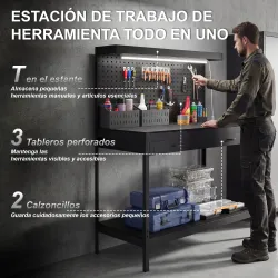 Banco de Trabajo Carga 272 kg 110x60x150 cm con Tableros Perforados Metálicos Toma de Corriente Luces LED Cajone... - Ogal.Es