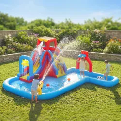 Castillo Hinchable Acuático con Soplador 550W Tobogán Pared de Escalada Piscina Aro de Baloncesto Portería de Fú... - Ogal.Es