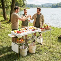 Mesa Plegable Camping con 2 Fregaderos Grifo Manguera Estante Lateral Cajón Cesta Rejilla Regla y Ranuras Blanco - Ogal.Es