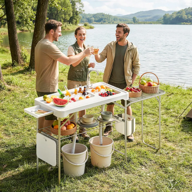 Mesa Plegable Camping con 2 Fregaderos Grifo Manguera Estante Lateral Cajón Cesta Rejilla Regla y Ranuras Blanco - Ogal.Es