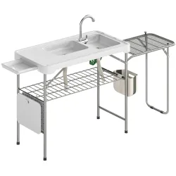 Mesa Plegable Camping con 2 Fregaderos Grifo Manguera Estante Lateral Cajón Cesta Rejilla Regla y Ranuras Blanco - Ogal.Es