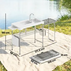 Mesa Plegable Camping con 2 Fregaderos Grifo Manguera Estante Lateral Cajón Cesta Rejilla Regla y Ranuras Blanco - Ogal.Es