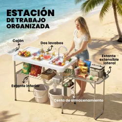 Mesa Plegable Camping con 2 Fregaderos Grifo Manguera Estante Lateral Cajón Cesta Rejilla Regla y Ranuras Blanco - Ogal.Es
