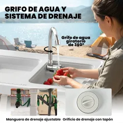 Mesa Plegable Camping con 2 Fregaderos Grifo Manguera Estante Lateral Cajón Cesta Rejilla Regla y Ranuras Blanco - Ogal.Es