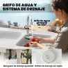 Mesa Plegable Camping con 2 Fregaderos Grifo Manguera Estante Lateral Cajón Cesta Rejilla Regla y Ranuras Blanco - Ogal.Es