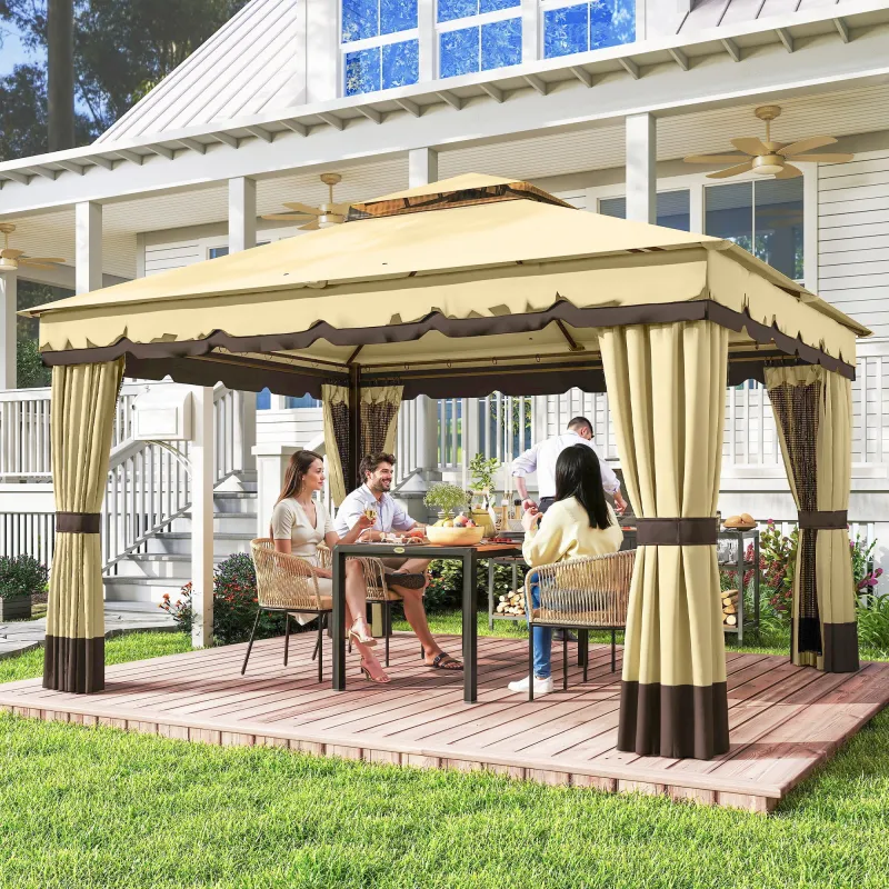 Cenador de Jardín 3,7x3 m con Doble Techo 4 Cortinas y Mosquitera Marco de Acero Orificios de Drenaje UV30+ Beige - Ogal.Es
