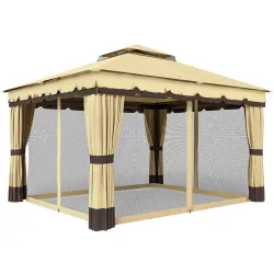 Cenador de Jardín 3,7x3 m con Doble Techo 4 Cortinas y Mosquitera Marco de Acero Orificios de Drenaje UV30+ Beige - Ogal.Es
