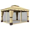 Cenador de Jardín 3,7x3 m con Doble Techo 4 Cortinas y Mosquitera Marco de Acero Orificios de Drenaje UV30+ Beige - Ogal.Es