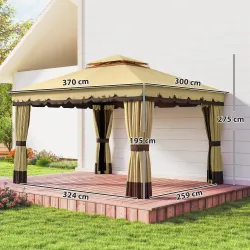 Cenador de Jardín 3,7x3 m con Doble Techo 4 Cortinas y Mosquitera Marco de Acero Orificios de Drenaje UV30+ Beige - Ogal.Es