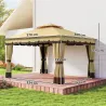 Cenador de Jardín 3,7x3 m con Doble Techo 4 Cortinas y Mosquitera Marco de Acero Orificios de Drenaje UV30+ Beige - Ogal.Es
