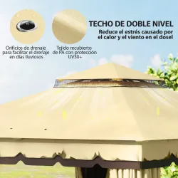 Cenador de Jardín 3,7x3 m con Doble Techo 4 Cortinas y Mosquitera Marco de Acero Orificios de Drenaje UV30+ Beige - Ogal.Es