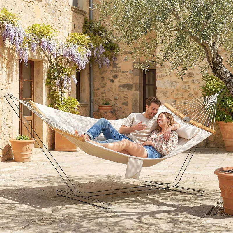 Hamaca Acolchada de Jardín Portátil con Almohada Desmontable Bolsillo para Revistas Marco de Madera 325x140 cm C... - Ogal.Es