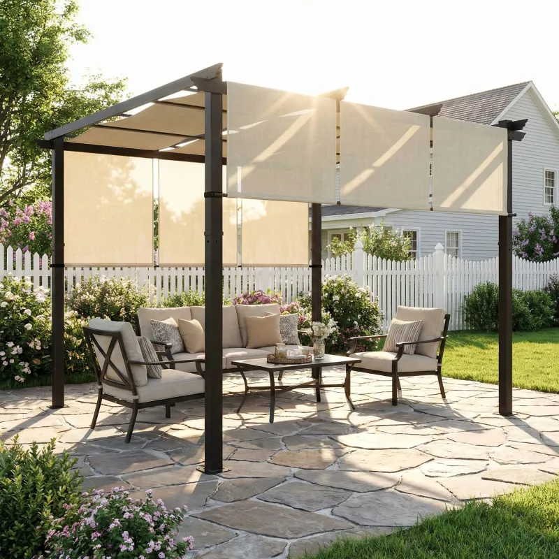 Cenador para Exterior 3x3 m con Techo Deslizante Marco de Acero Impermeable y Anti-UV para Terraza Patio Beige - Ogal.Es