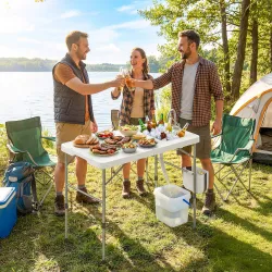 Mesa Plegable Camping con Fregadero Grifo Altura Regulable Cubo Plegable Ranuras Regla y Bolsa de Transporte - Ogal.Es