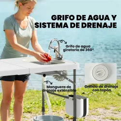 Mesa Plegable Camping con Fregadero Grifo Altura Regulable Cubo Plegable Ranuras Regla y Bolsa de Transporte - Ogal.Es