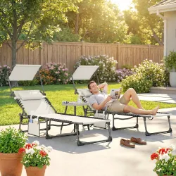 Set de 2 Tumbonas Plegables con Reposacabezas Parasol Bolsillo Lateral y Respaldo Reclinable en 5 Posiciones Crema - Ogal.Es